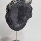Signed raku ceramic mask, on wooden base – Expressive sculpture 28 cm