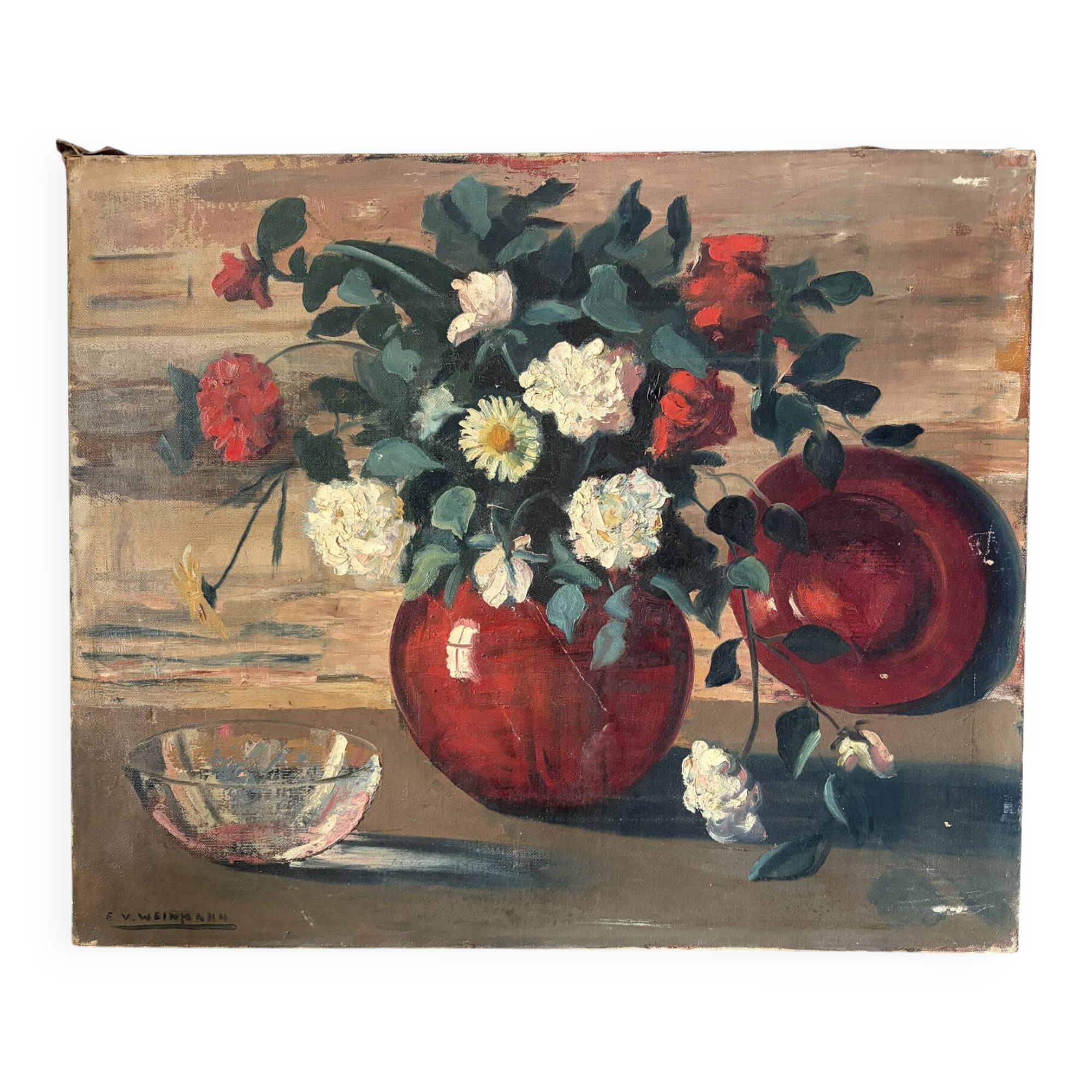 Bouquet of flowers in a red vase, early 20th century, oil on canvas signed.