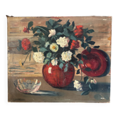 Bouquet de fleurs en vase rouge, début xxeme, huile sur toile signée