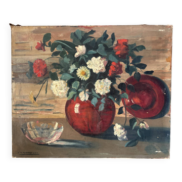 Bouquet of flowers in a red vase, early 20th century, oil on canvas signed.