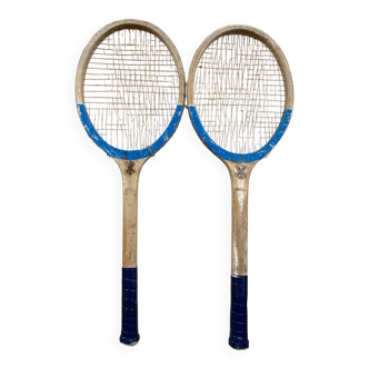 Pair of old Davis Cup blue wooden rackets