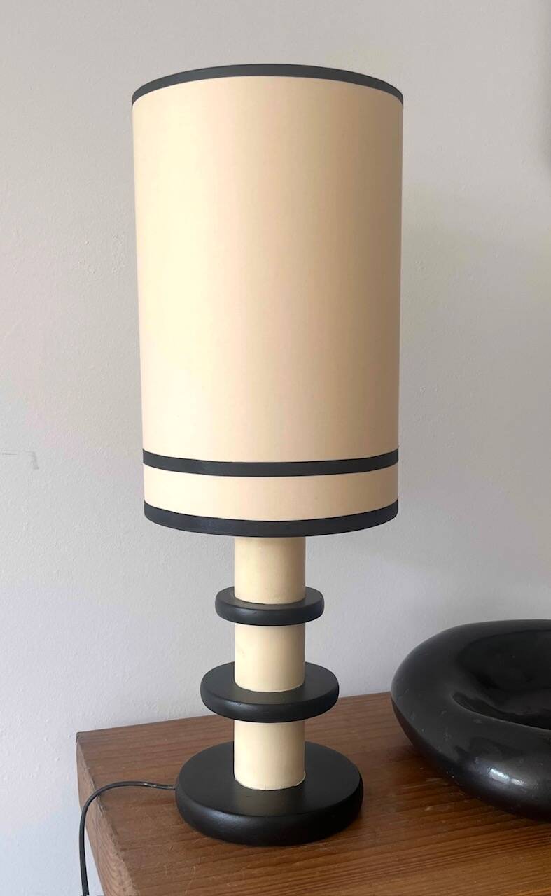 Lampe vintage en bois  - 50cm - noir et blanc - abat-jour fait main