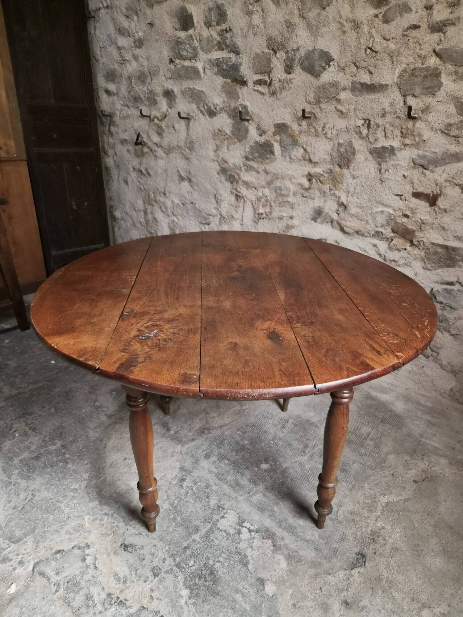 Table à abattants ancienne en chêne français, table à manger ronde, vers 1880–1920