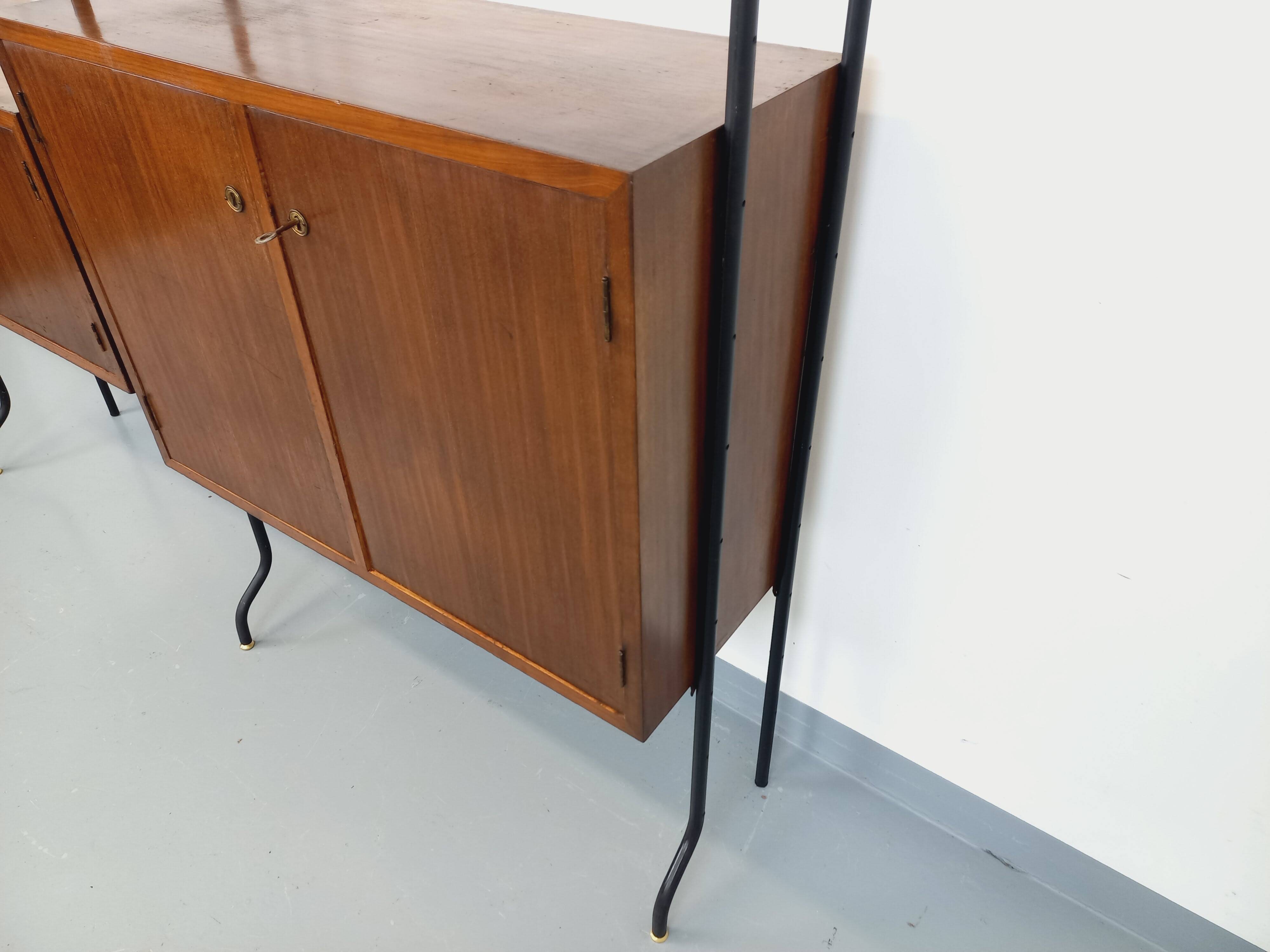 Vintage Italian double modular shelving unit in wood and metal