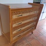Commode en bois et rotin des années 70