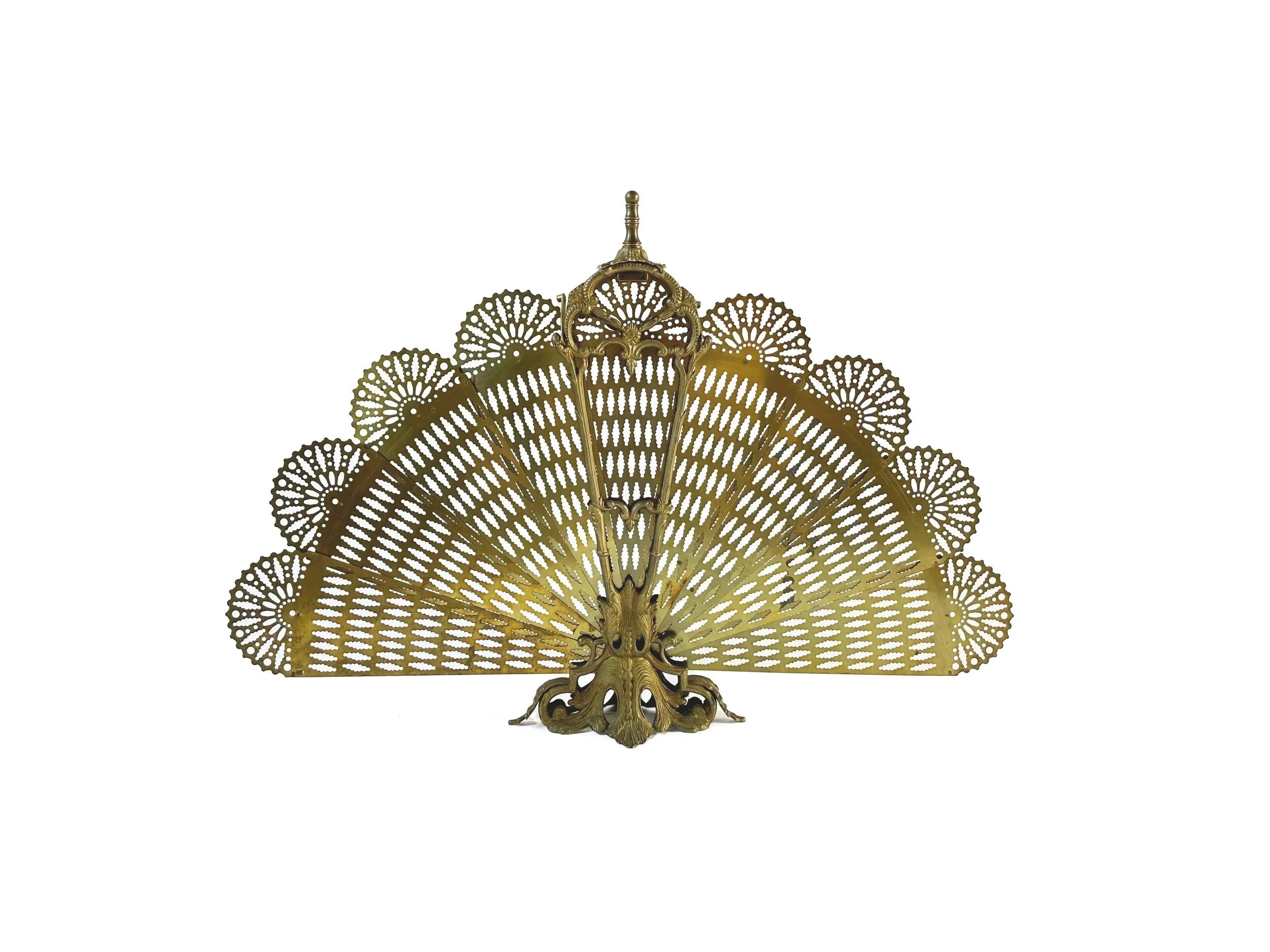 Vintage French brass fire screen, peacock design, 20th century.