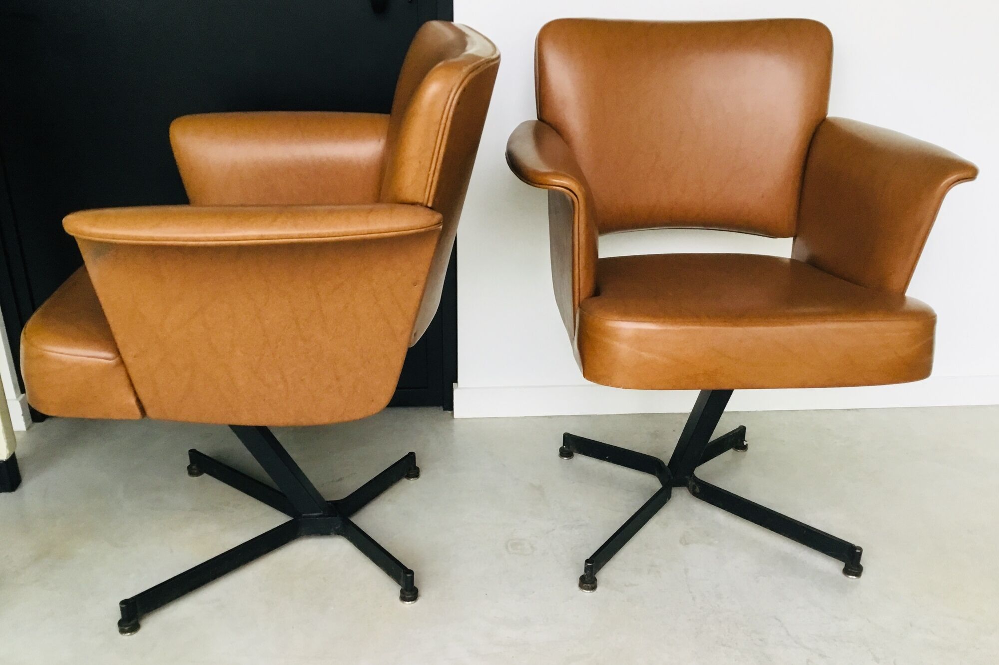 Pair of brown faux leather armchairs - black metallic footing - 1960