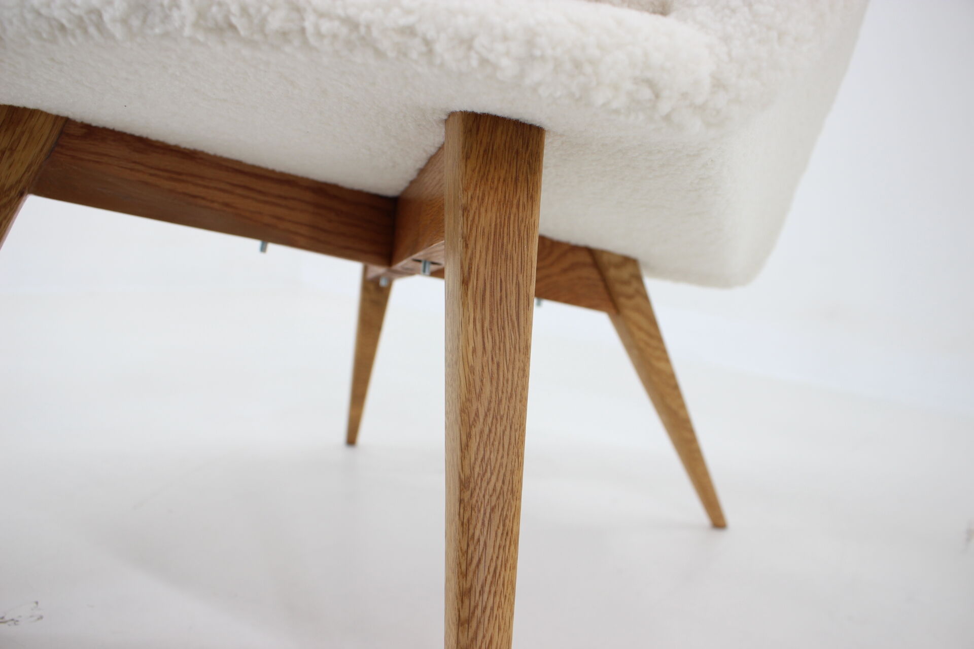 Pair of miroslav navratil shell lounge chairs in sheepskin fabric, czechoslovakia, 1960