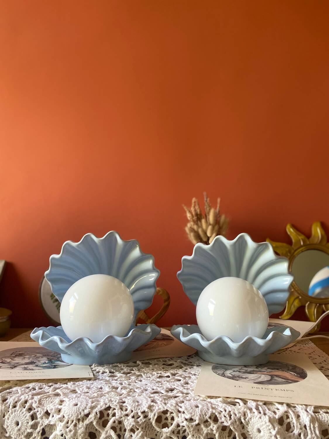 Rare pair of vintage shell lamps