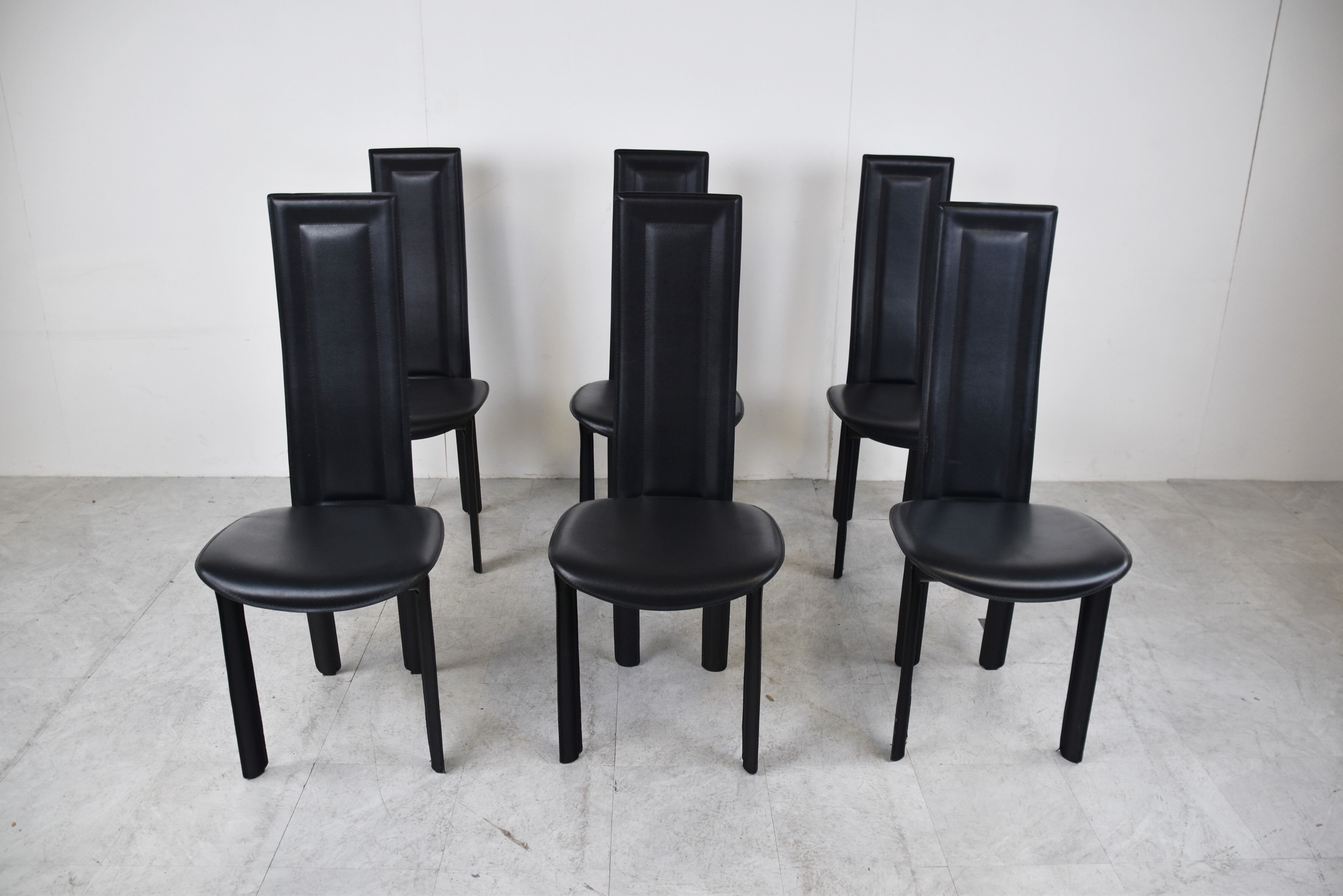 Vintage black leather dining chairs,  1980
