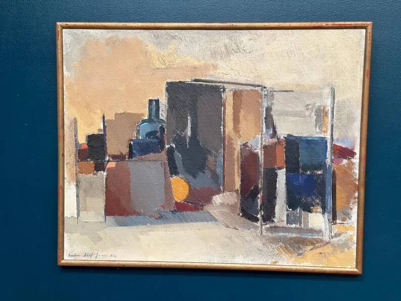 Large original Swedish oil on canvas - 'Blue Bottle and Books' by Gustav Adolf Johansson - 1962 - vintage and framed