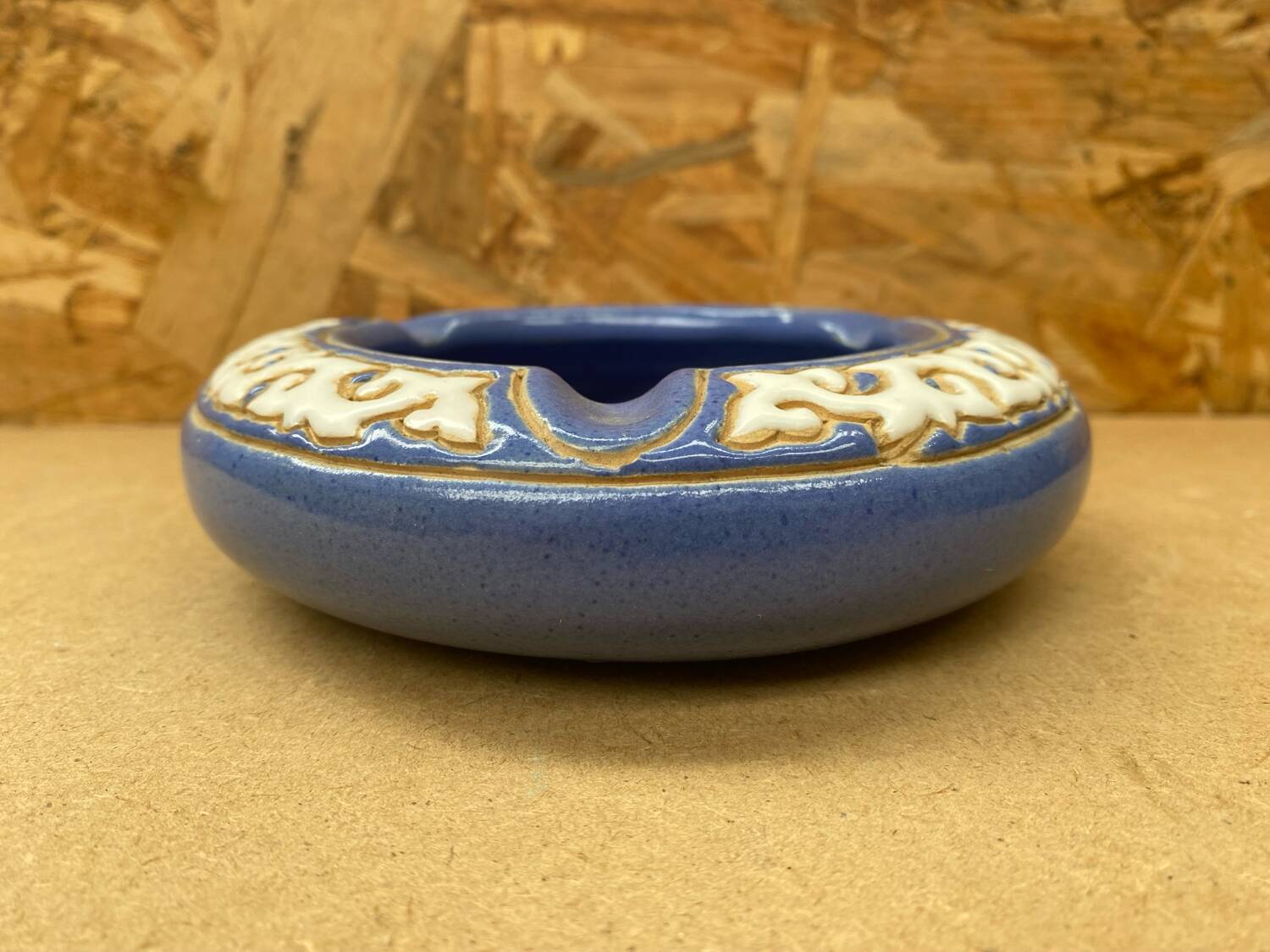 Antique Blue Glazed Ceramic Ashtray White Relief Decor Vintage