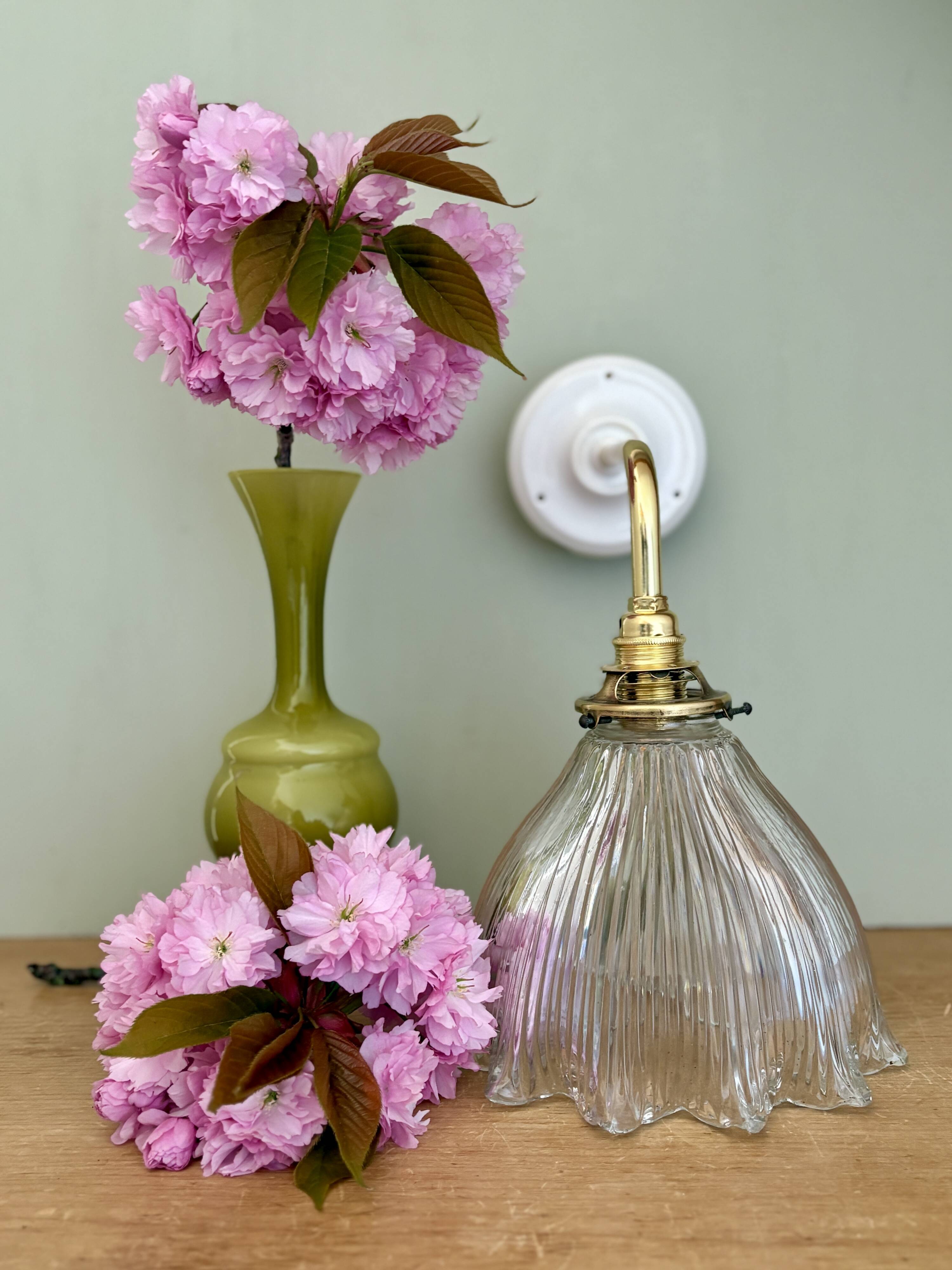 Elbow wall lamp with vintage holophane glass shade