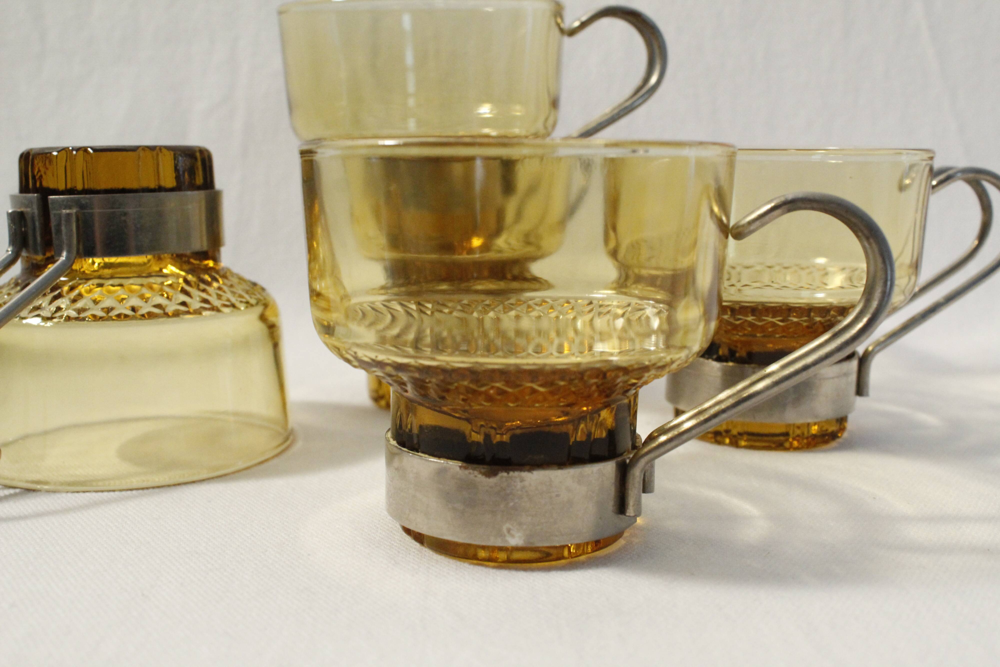 Coffee cups x5 - amber glass and metal handle - Made in Italy