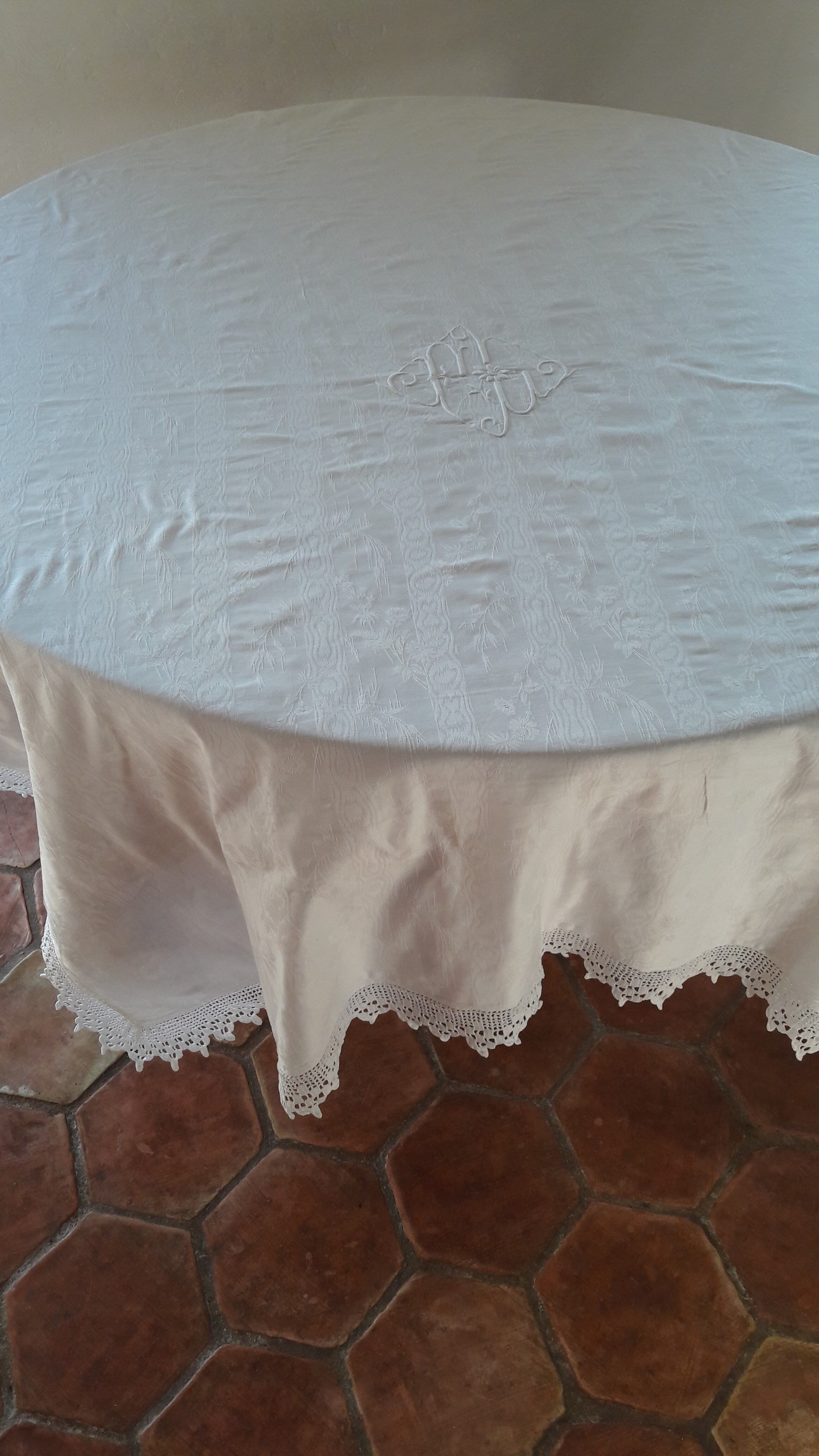 Old quilt cover Monogram white cotton damask fabrics
