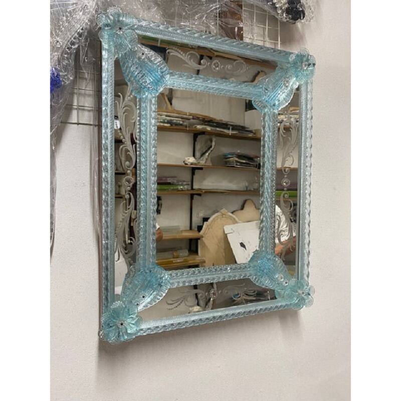 Venetian rectangular light-blue floreal hand-carving mirror in murano glass style