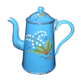 Old coffee maker in blue enameled sheet metal - vintage 20th century Lily of the valley enamel decoration pitcher signed in Aries