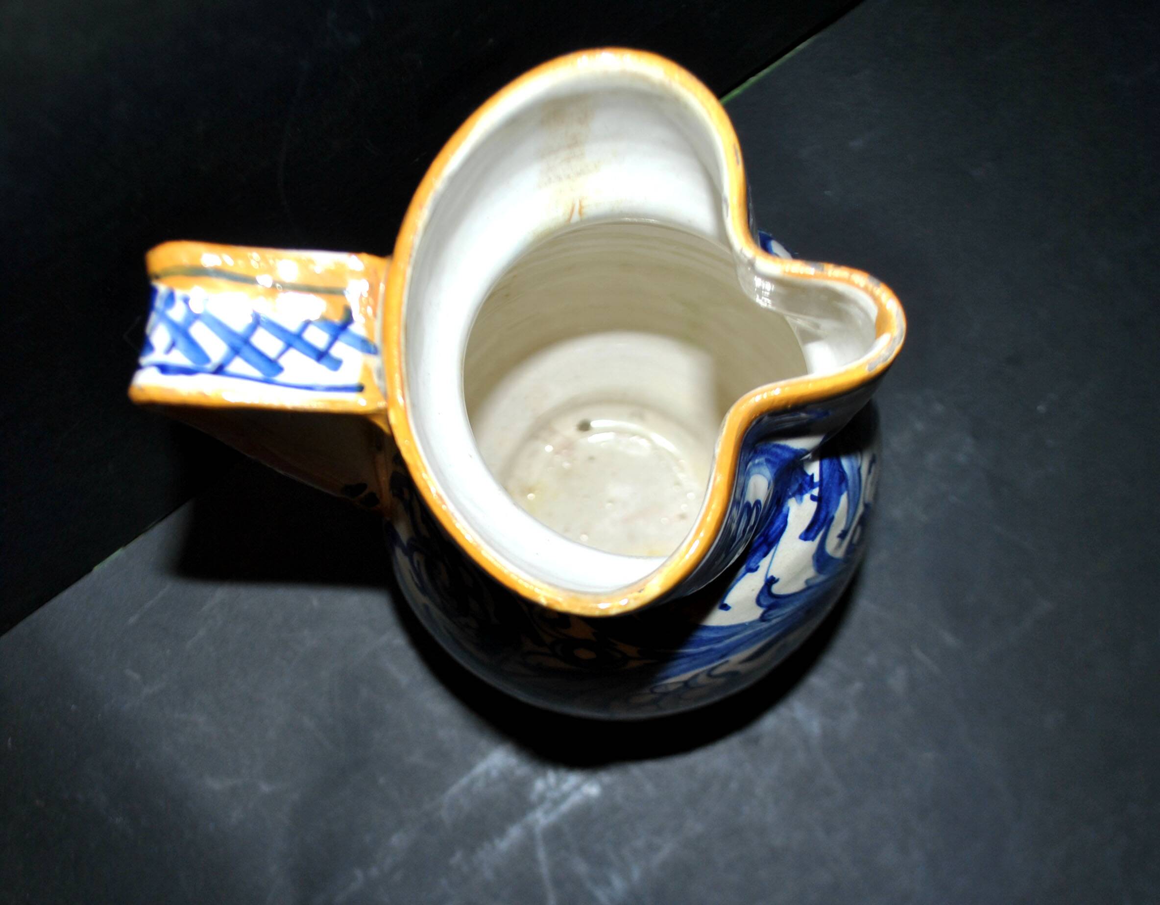 Large Italian ceramic pitcher barbotine majolica blue and yellow decoration