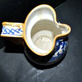 Large Italian ceramic pitcher barbotine majolica blue and yellow decoration