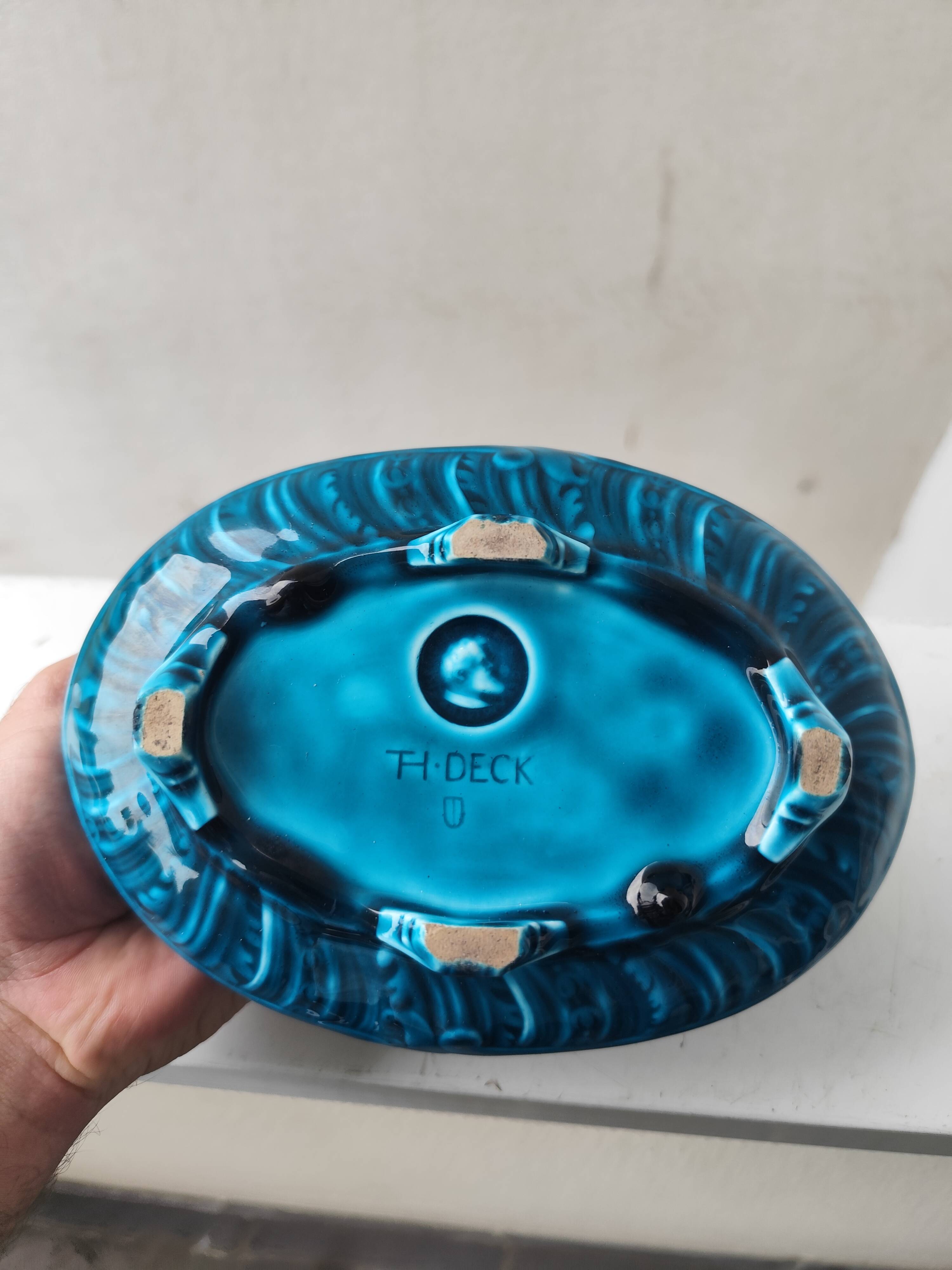 Blue glazed ceramic vase and pocket planter by Théodore Deck.