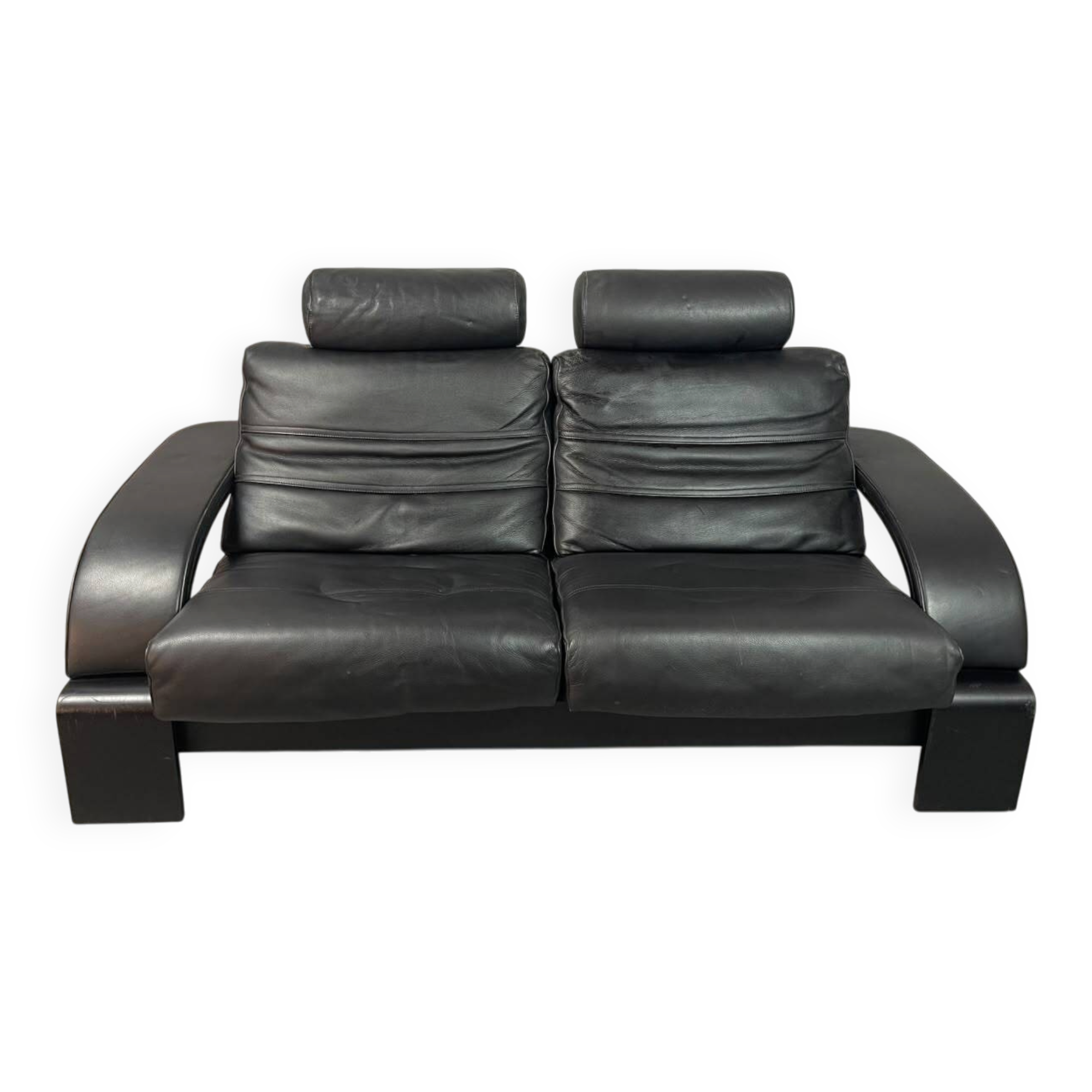 Black Leather Ake Fribytter “Kroken” Two-Seater Sofa for Nelo Möbel. Sweden