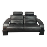 Black Leather Ake Fribytter “Kroken” Two-Seater Sofa for Nelo Möbel. Sweden
