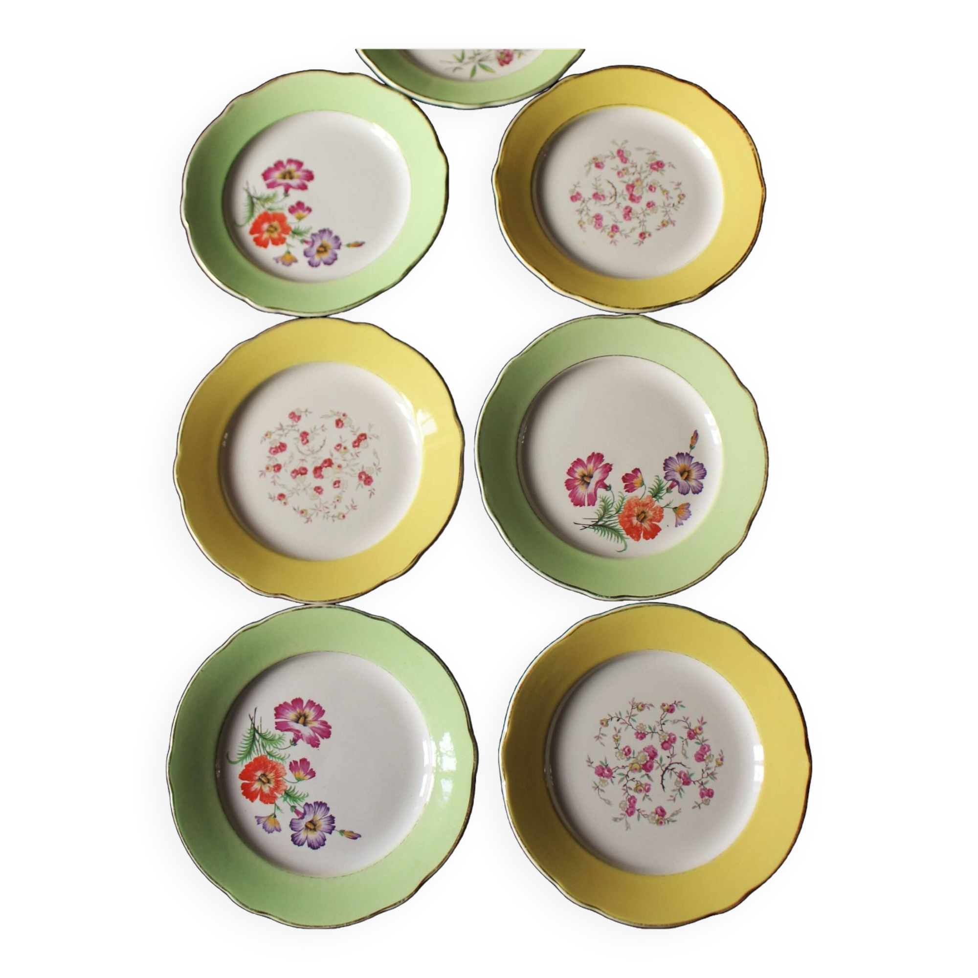 Lot 6 flat plates Flowers Yellow Green Lunéville mismatched