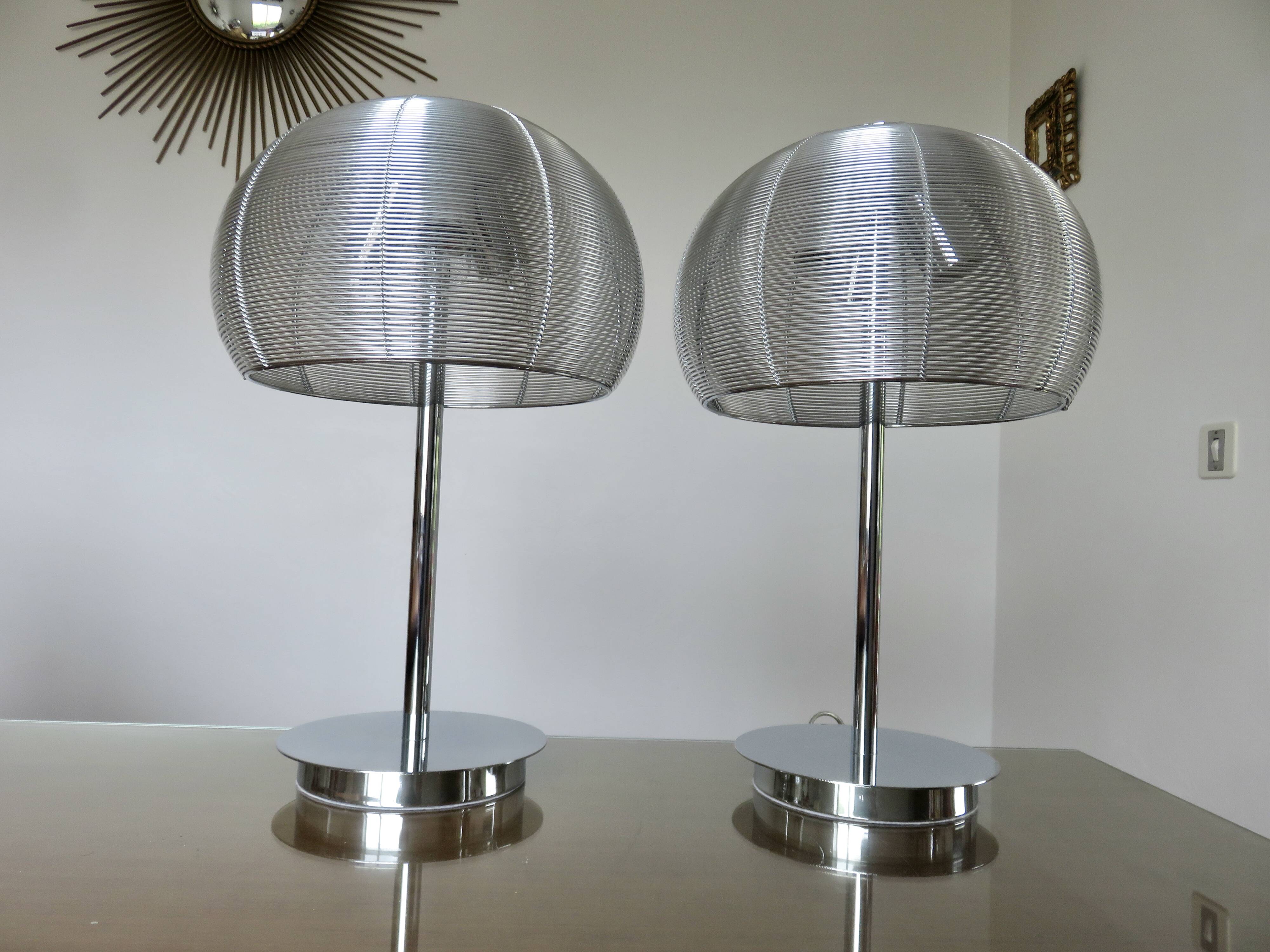 Pair of chrome-plated metal lamps with aluminum wire shades, 1990