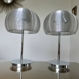 Pair of chrome-plated metal lamps with aluminum wire shades, 1990
