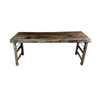 Console brutaliste ou table pliante en fer et plateau bois