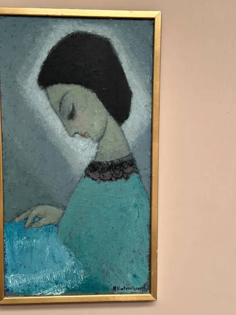 Original Swedish oil on canvas – "Lady" by Helge Holmlund – Signed – vintage and framed – 65 × 36.5 cm (25.6" × 14.4")
