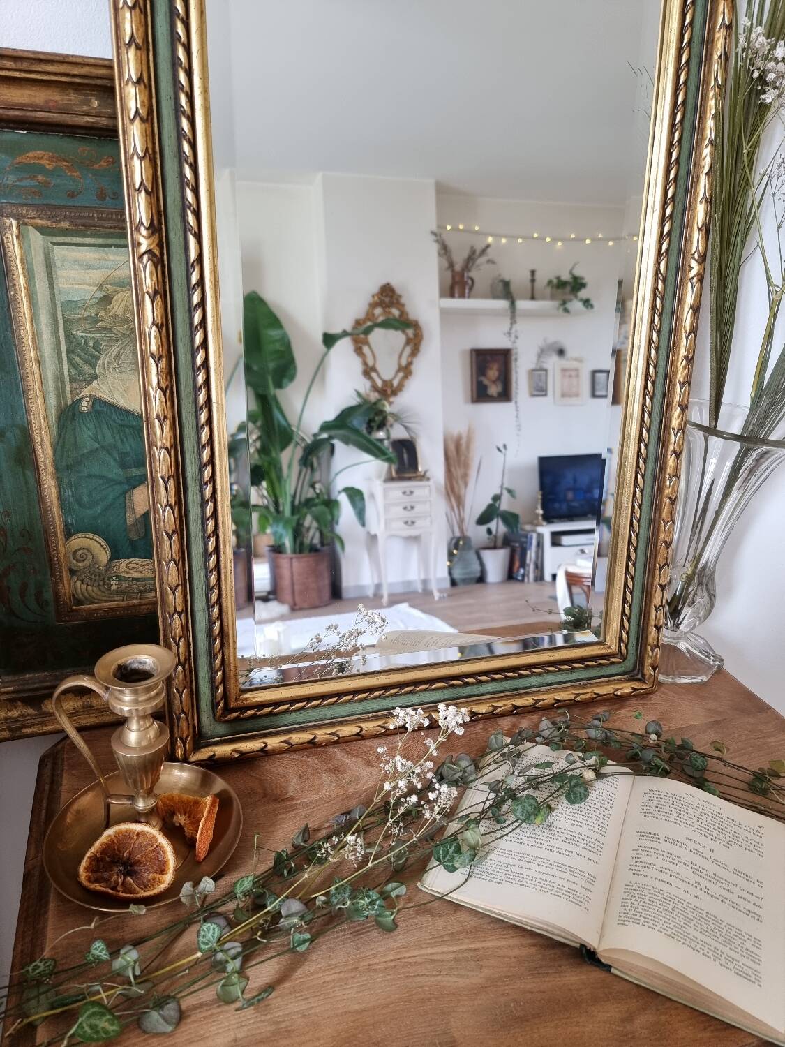 Gold and fir green beveled mirror, Louis XVI/Regency style, 1970