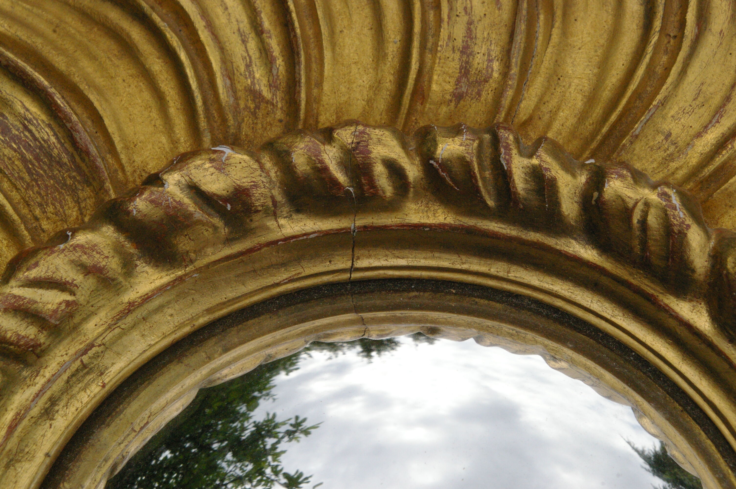 Old mirror sun domed golden wood "witch's eye"
