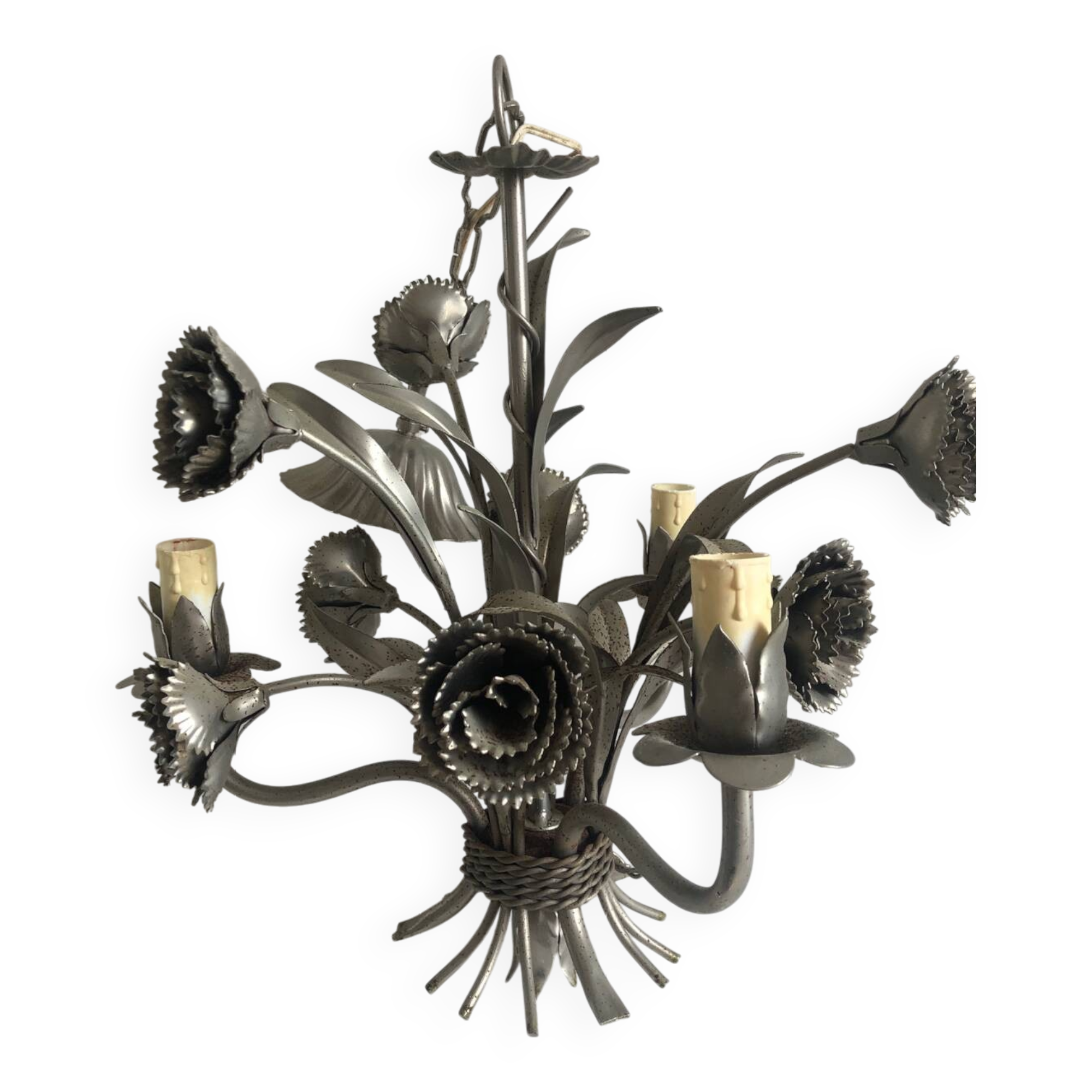Mid-20th century 3-light floral chandelier in sheet steel