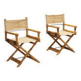 Pair of vintage director's chairs in bamboo, fabric and brass, 1980s design.