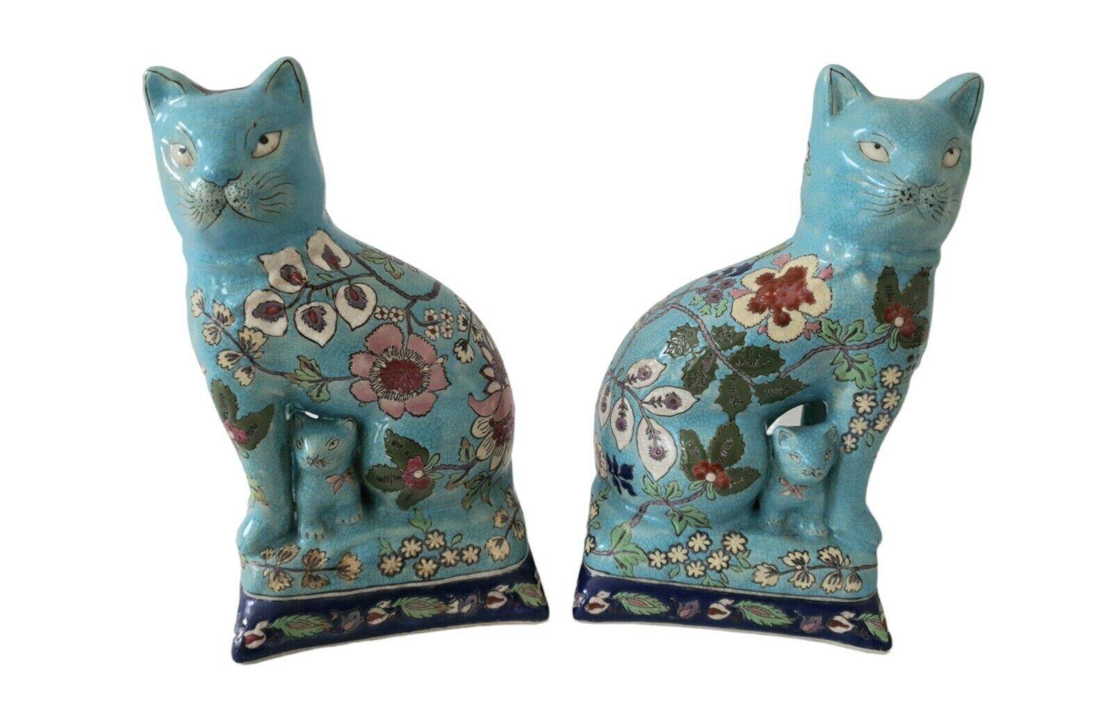 Pair Of Longwy Cross Of Lorraine Cat And Kittens Bookends Multicolored