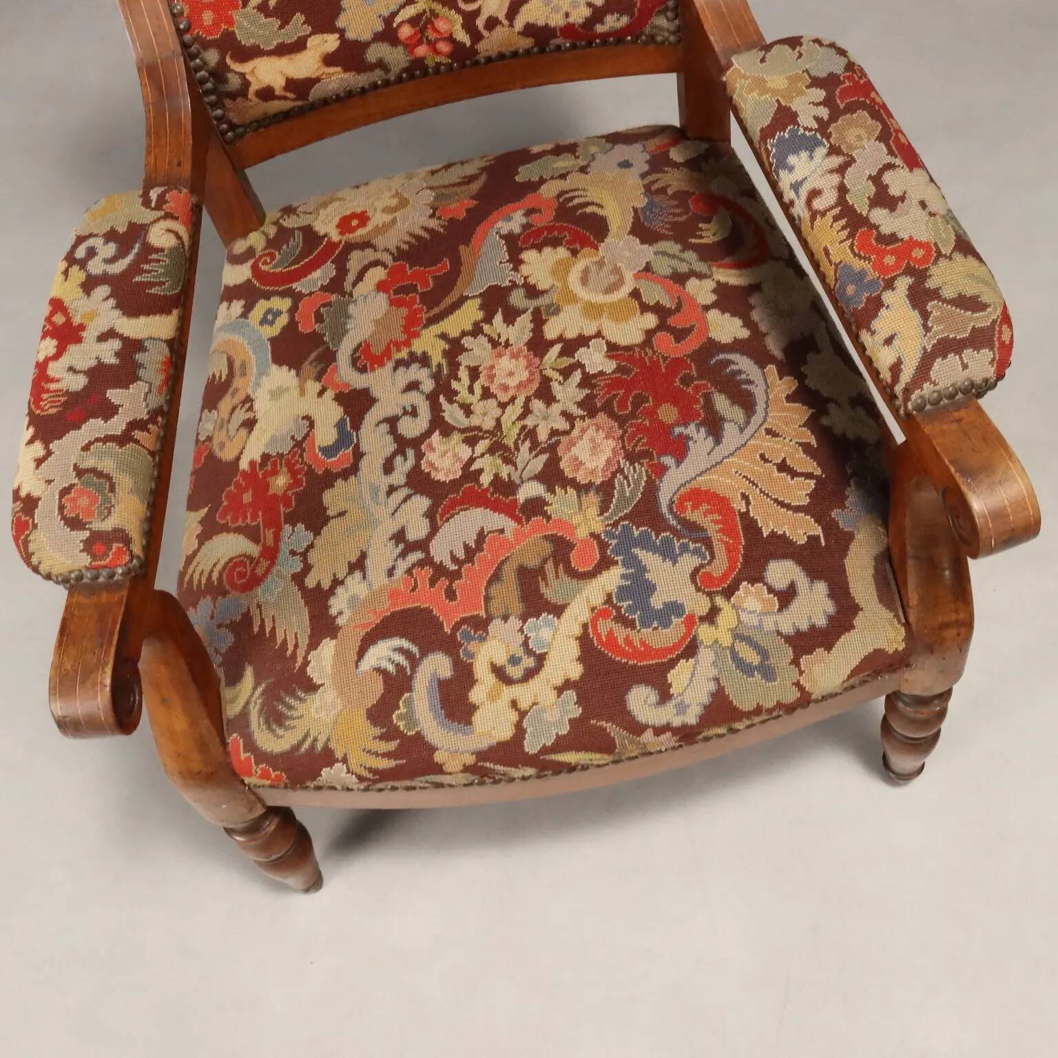 Antique walnut, maple, and fabric armchairs, Italy, late 19th century.