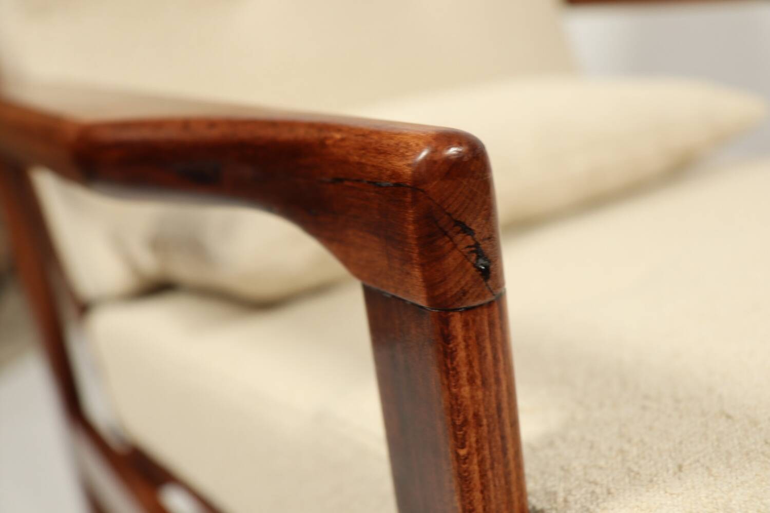 Vintage dark wood beige bouclé armchair by Z.Baczyk 1965
