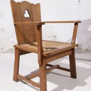 Pair of brutalist oak throne chairs with rush seats – Netherlands, 1930s