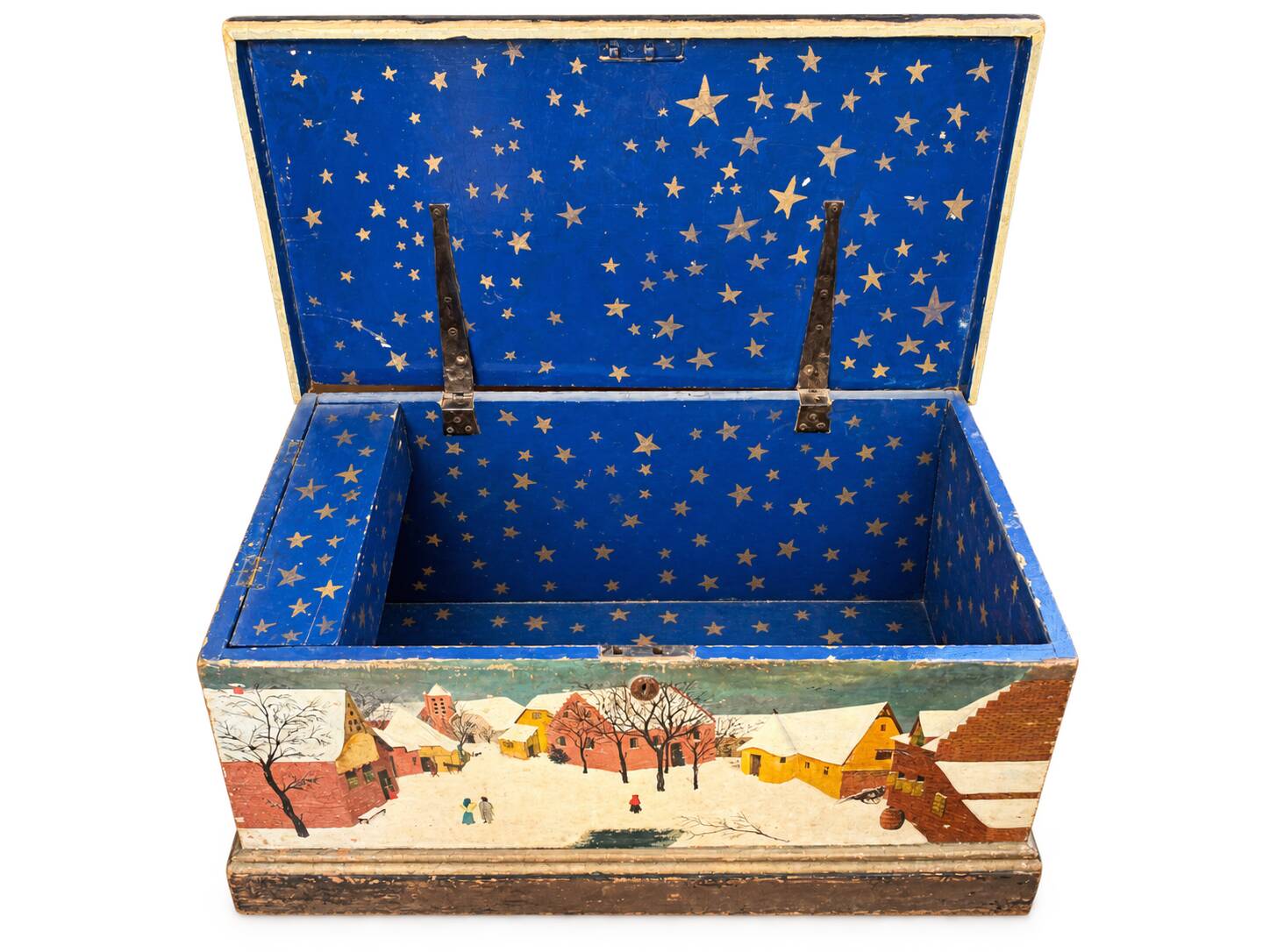 Antique chest hand-painted with a snowy village scene and a starry interior.