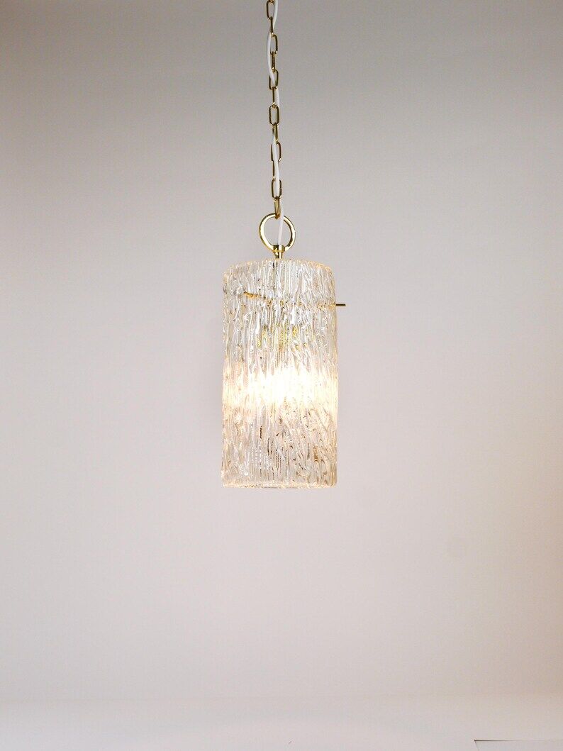 J.T. Kalmar Vienna Midcentury Textured Ice Glass Tube Brass Pendant Lamp, Austria, 1950s