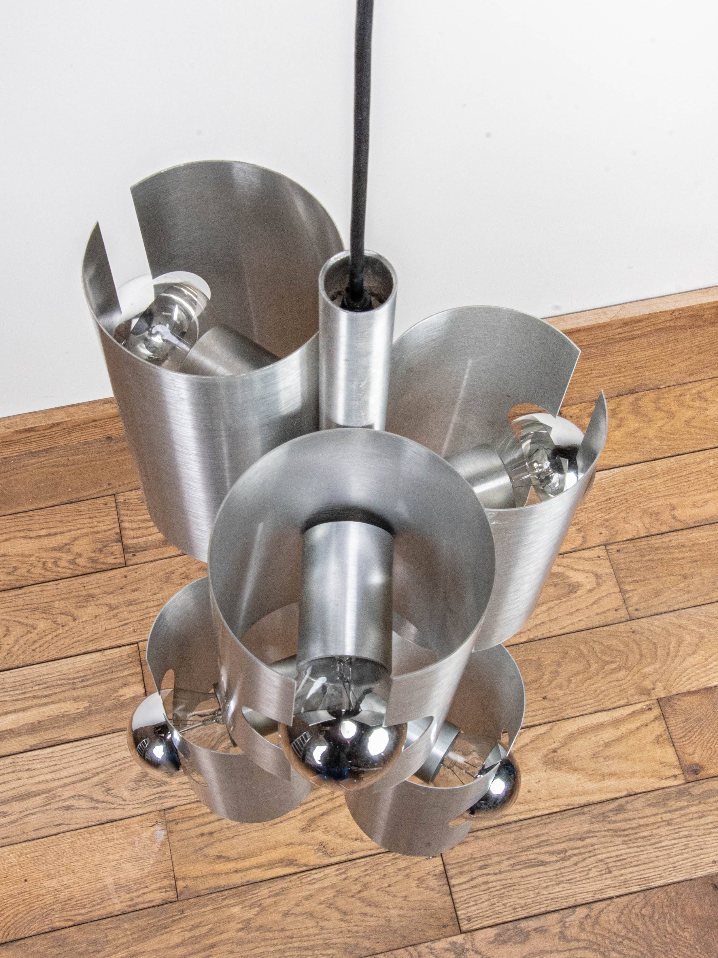 Brushed metal chandelier by Polam Bielsko, 1960s-1970s
