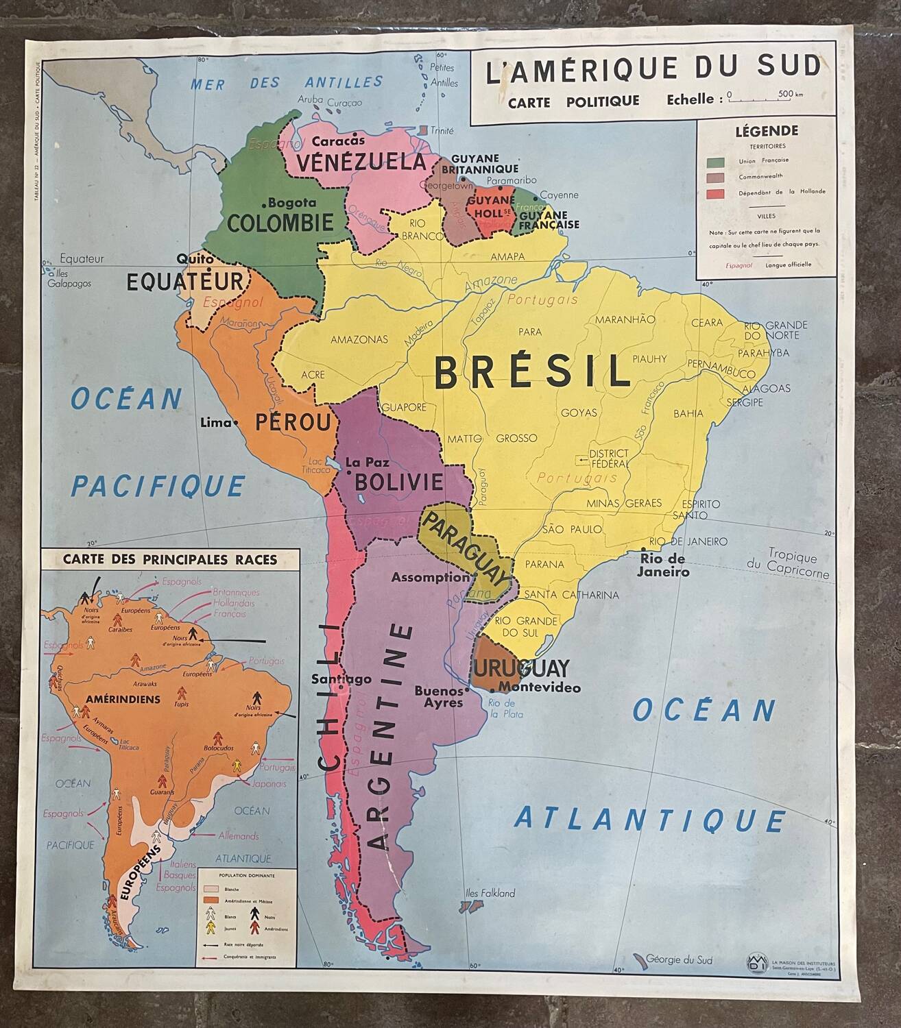 Old educational poster, school map, front and back