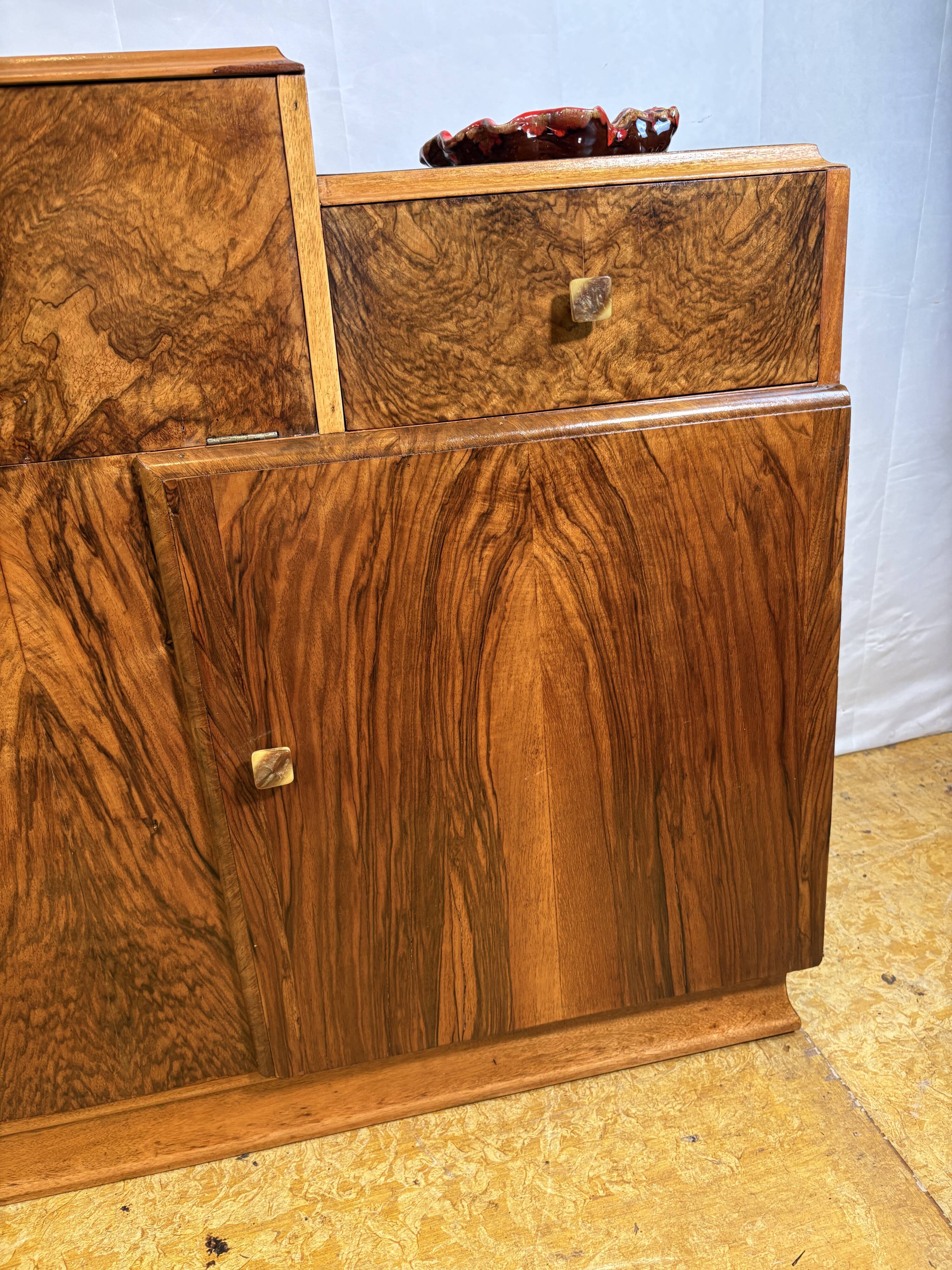 Art Deco English Burr Walnut Cocktail Sideboard – Circa 1930s  A stunning o