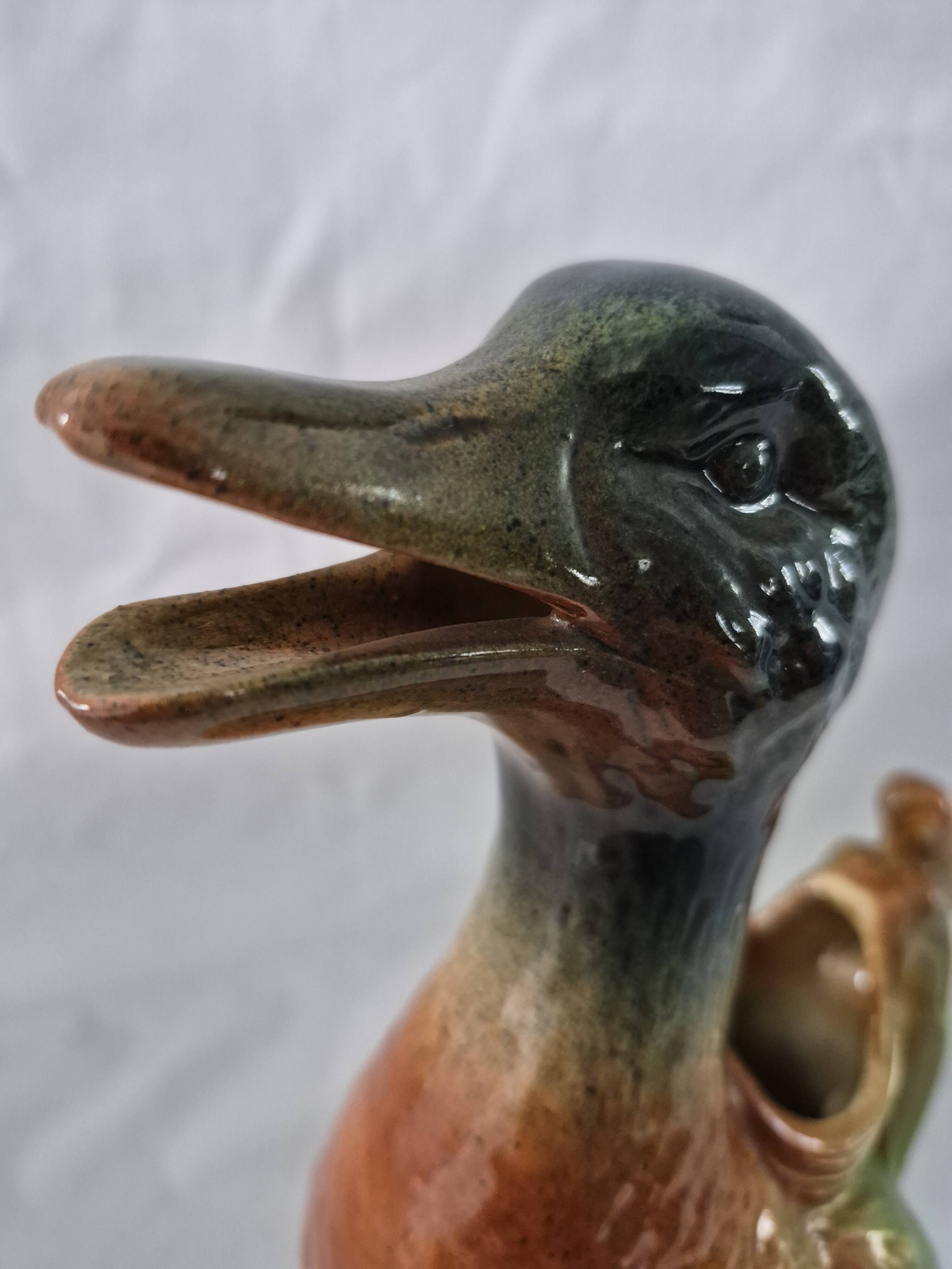 Old barbotine jug Saint Clément Mallard Duck A027