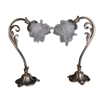 Set of 2 bedside lamps in brass and glass