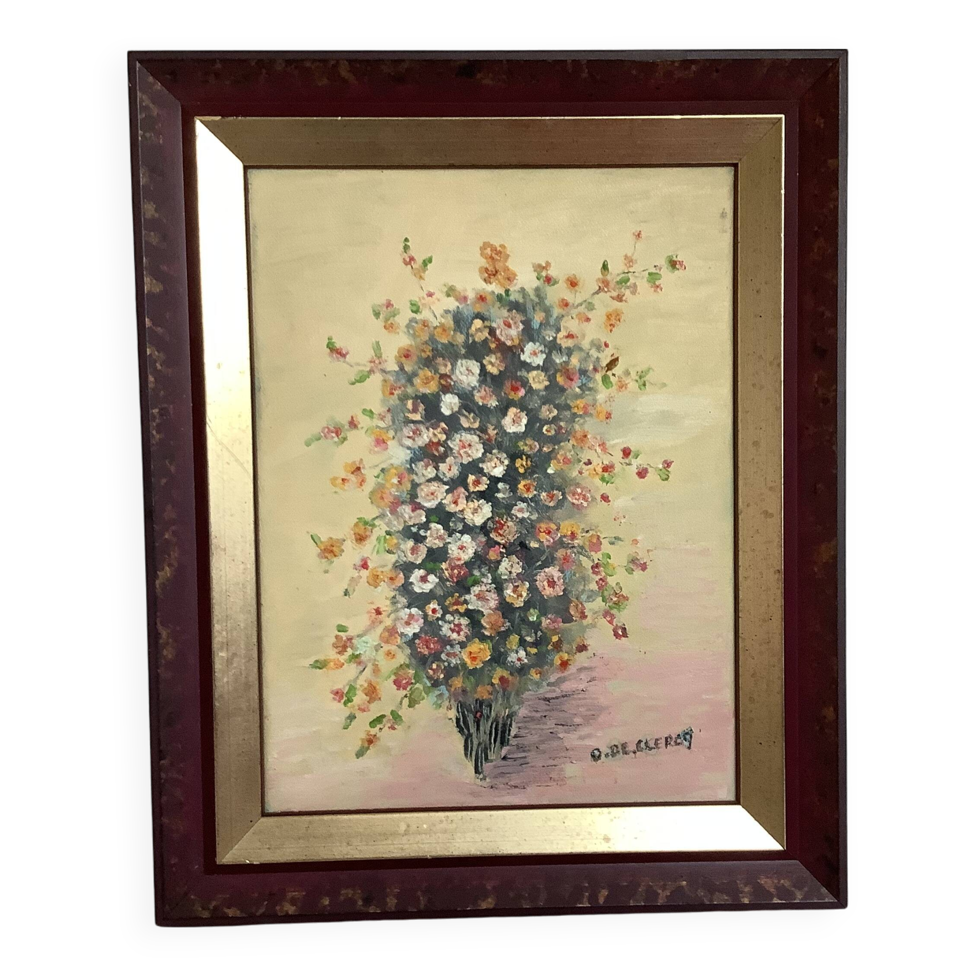 Cadre tableau huile sur toile "fleurs" signé Declercq