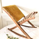 Ancien repose pied à bascule bois tissu velours
