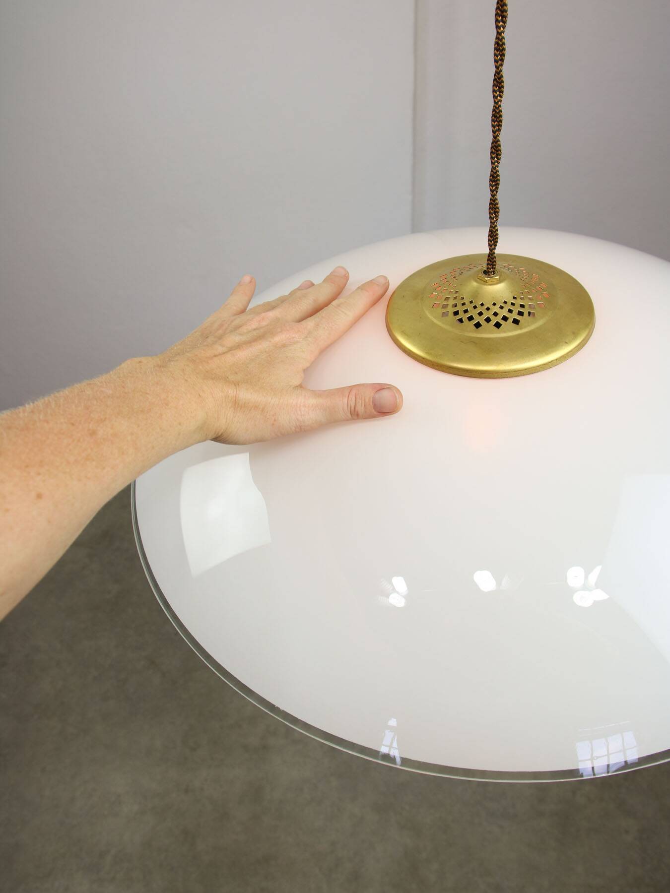 Mid-Century Italian Saucer Glass and Brass Pendant Lamp