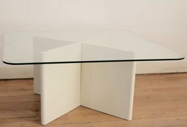 Table basse bois laqué et dalle de verre, France, 1980